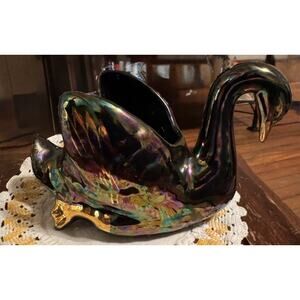 Mid Century Irridescent Rainbow Colored Ceramic Swan Planter Black Gold Accents